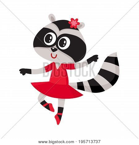 Cute little raccoon character, ballet dancer in pointed shoes and tutu skirt, cartoon vector illustration isolated on white background. Little raccoon baby animal, ballet dancer, ballerina in tutu