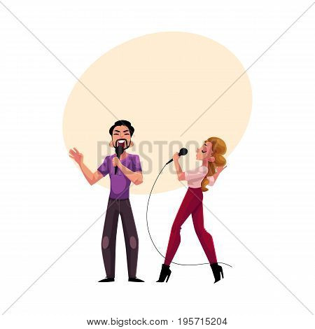 Man and woman, couple singing in duet, karaoke party, contest, competition, cartoon vector illustration with space for text. Two karaoke singers, man woman, male female, singing together
