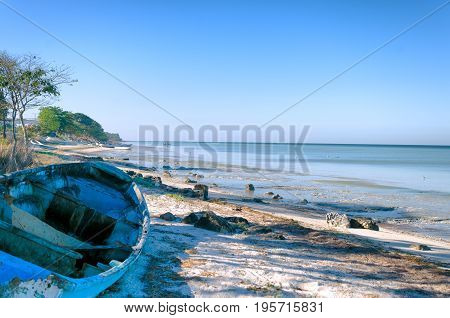 Group of boats on the shore close to Champoton Mexico
