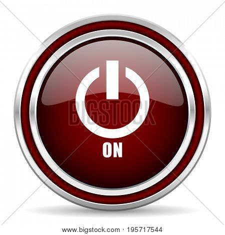 Power on red glossy icon. Chrome border round web button. Silver metallic pushbutton.