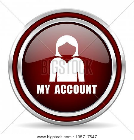 My account red glossy icon. Chrome border round web button. Silver metallic pushbutton.