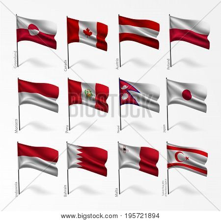 Collection set of flags of world on flagpole