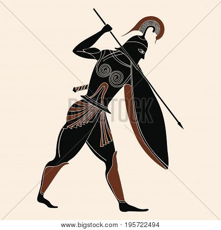 Vector illustration in ancient Greek style. Warrior Greek in armor with a spear in his hands.