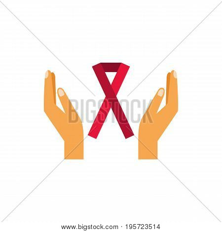 Icon of hands and red ribbon. Awareness, campaign, immunity. Hiv and aids concept. Can be used for topics like medicine, prevention, healthcare