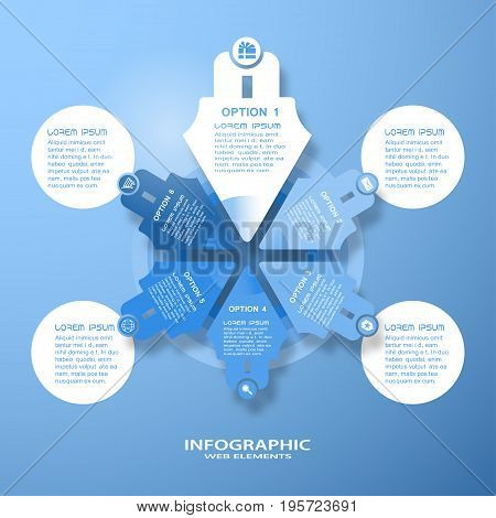 Vector infographic blue and white web element of arrows and circles with text and icons on the gradient blue background.