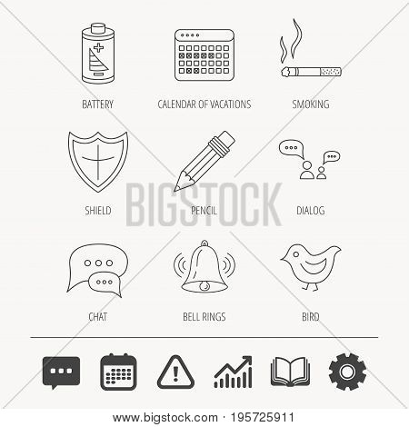 Battery, pencil and protection shield icons. Dialog chat, bell rings and vacation calendar linear signs. Bird, smoking allowed icons. Education book, Graph chart and Chat signs. Vector