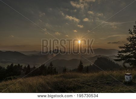 Evening with sunset on Slachovky hill in Pieniny national park