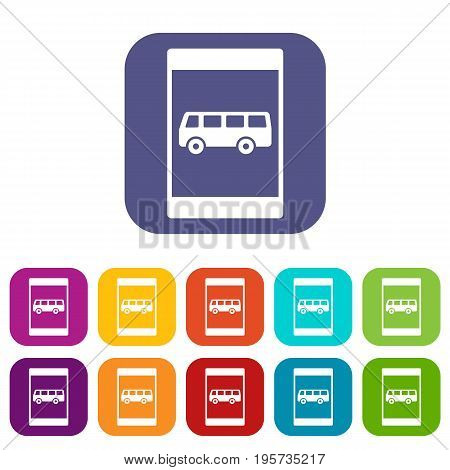 Bus stop sign icons set vector illustration in flat style In colors red, blue, green and other