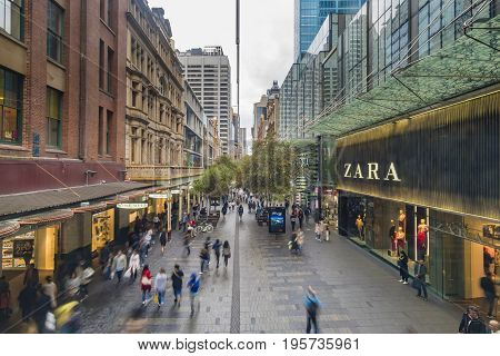 Sydney, Australia - May 14, 2017: People visiting the Pitt Street Mall in Sydney, Australia. It is one of busiest shopping precincts in Australia.