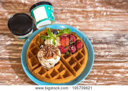 belgian waffle with straberry and gelato ice cream