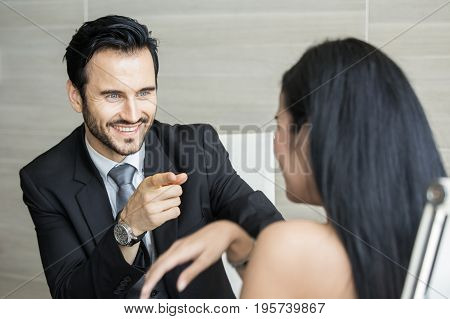 Man Discussing With Woman For Project With Attractive Smiling At Office. Businessman With Happy Emot