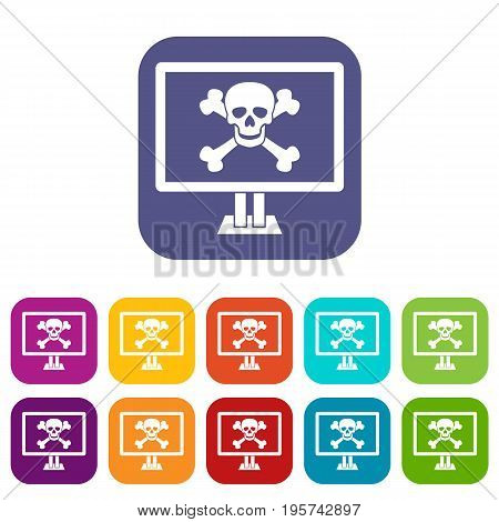 Computer monitor with a skull and bones icons set vector illustration in flat style In colors red, blue, green and other