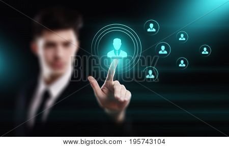 Businessman presses button. Human Resources HR management Recruitment Employment Headhunting Concept
