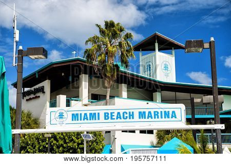 Miami. USA-February 2. 2016: Miami beach marina sign on the building