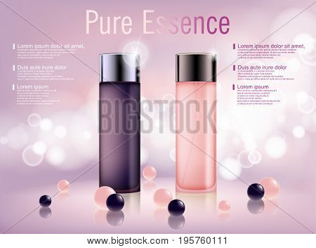 Cosmetic moisturizing brand product. Shiny pink and purple serum bottle with soft bokeh background . Vector EPS 10 illustration.