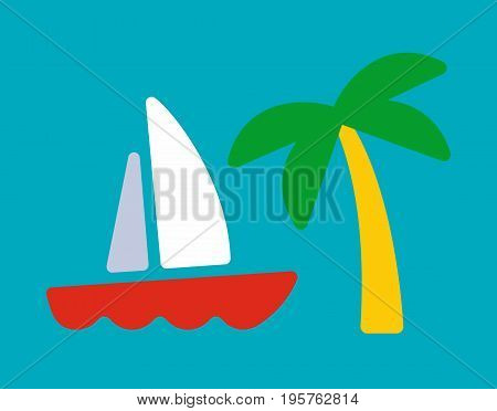 Yacht and palm, sea tropical tourist card in flat style vector illustration