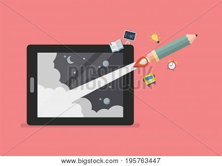 Pencil rocket launch out of computer tablet. Education online or e-learning concept