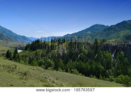 Precipice green hills forest and Katun river in Altai mountains. Altay Republic Siberia Russia.