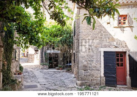 View of typical Groznjan alley Istria. Croatia