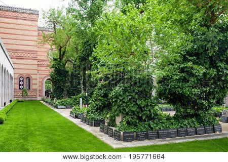 BUDAPEST HUNGARY - MAY 7: Graves in Great jewish synagogue on May 7 2017 in Budapest