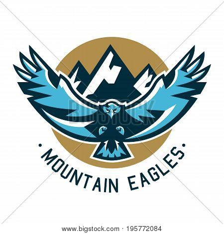 Logo eagle. Hawk flying in the mountains. Wild animal, large wingspan. Vector illustration. Flat style.