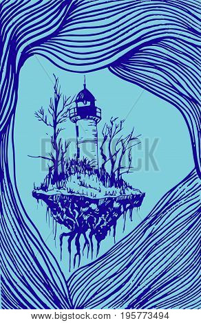 Flying lighthouse among the waves blue outline surrealistic landscape isolated. Vector hand drawn illustration.Color page for adults and children. Book textile print poster design stickercard