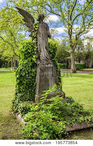 BUDAPEST HUNGARY - MAY 8: Angel with one wing at Kerepesi - historic cemetery on May 8 2017 in Budapest