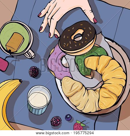 Breakfast top view. Square with luncheon. Healthy, fresh brunch tea, donuts, banana, croissant and berries. Colorful hand drawn vector illustration