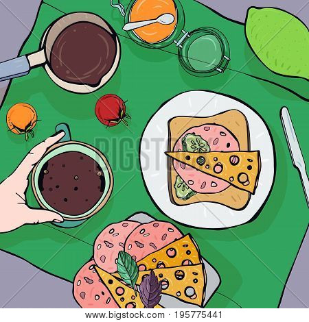 Breakfast top view. Square with luncheon. Healthy, fresh brunch coffee, lime, jam, sandwich with sausage, cheese and tomatoes. Colorful hand drawn vector illustration