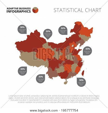 Editable template of detailed map of China with percent marks, isolated on white