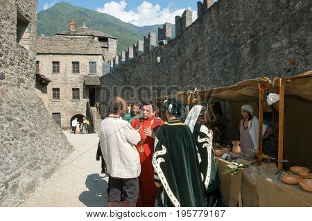 Bellinzona, Switzerland - 29 May 2004: People at the market during the annual medieval Festival 