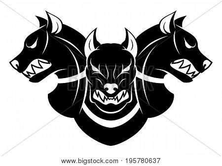 Stylized black Cerberus heads isolated on white background.