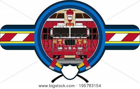 Cartoon Firefighters Truck Badge with Crossed Axes