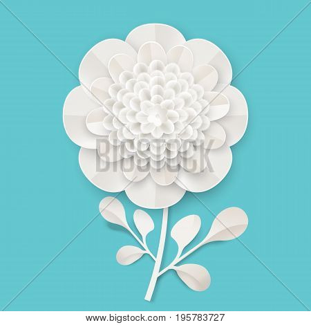 Lush peony on small stem with leaves made of white paper sheet isolated vector illustration on blue background. Painstaking origami work on flower theme.