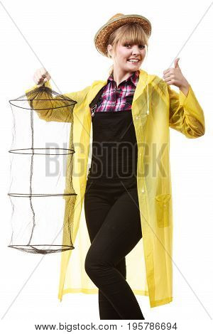 Happy Woman Holding Empty Fishing Keepnet