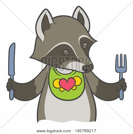 Cute cartoon raccoon holding a knife and fork  - vector drawing