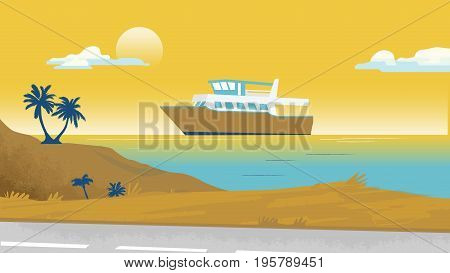 Seaside palm trees and a boat Vector illustration