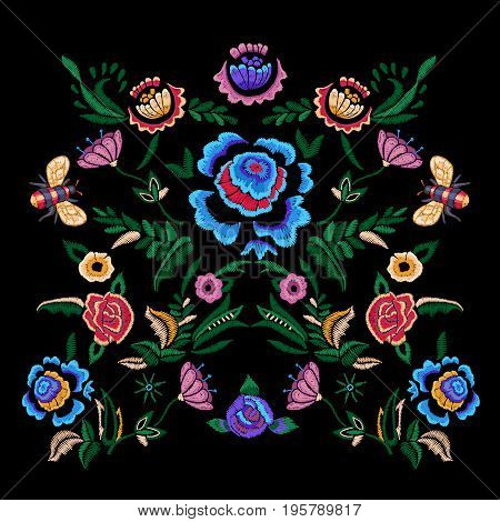 Embroidery folk pattern with fantasy simplify flowers. Vector embroidered floral patch for clothing design.