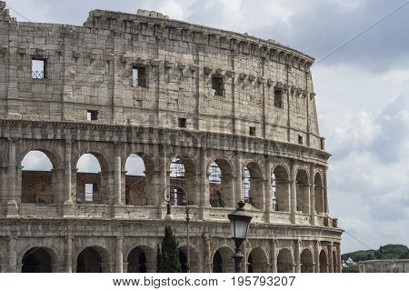 Detail of Colosseum. World famous landmark in Rome. Italy. June 2017