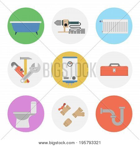 Vector of flat nine colored round icons for plumbing set. Bathtub, radiator, water meter, boiler and special tool