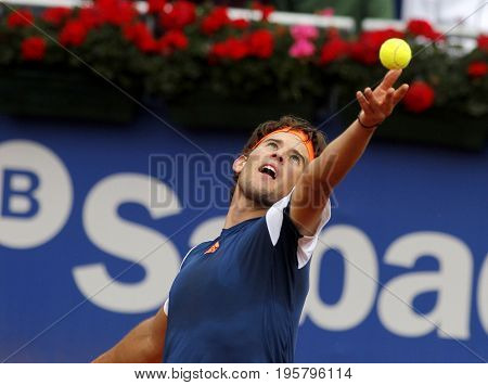 BARCELONA, SPAIN - APRIL, 27:  Austrian tennis player Dominic Thiem in action during a match of Barcelona tennis tournament Conde de Godo on April 27, 2017 in Barcelona Spain