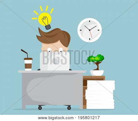 businessman working with idea and laptop at workdesk cartoon vector illustration