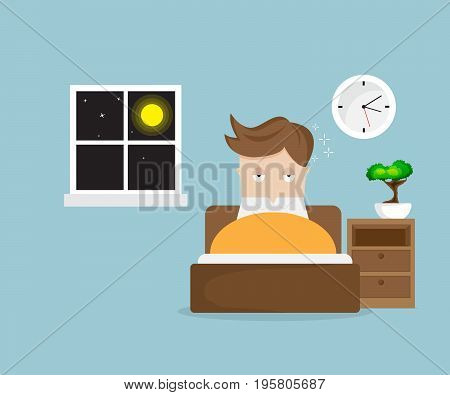 sleepless man cartoon character on bed in night vector illustration