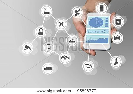 Hand holding modern smart phone on neutral background. Dashboard in order to monitor and control internet of things network of devices
