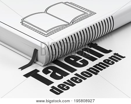 Learning concept: closed book with Black Book icon and text Talent Development on floor, white background, 3D rendering