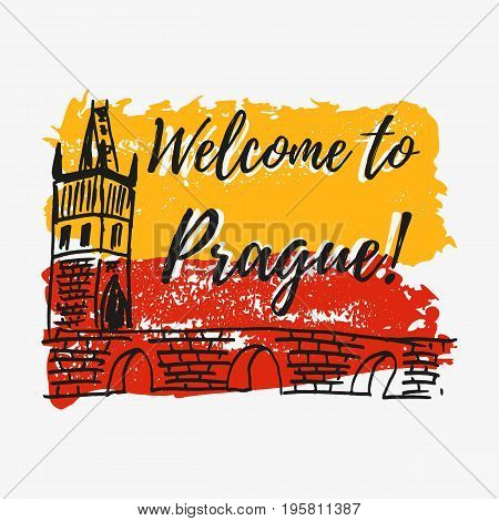 Print with lettering about Prague and paint splashes in shape of Prague flag in yellow red colors also sketch of Charles bridge as one of symbol of Prague. Vector illustration