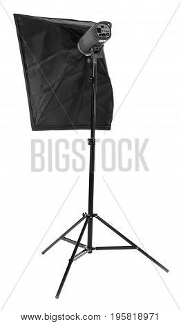 A long and black stripsoft box, isolated on a white background. Photo equipment. Professional studio flash with soft-box. Studio lighting.  Outbreak.