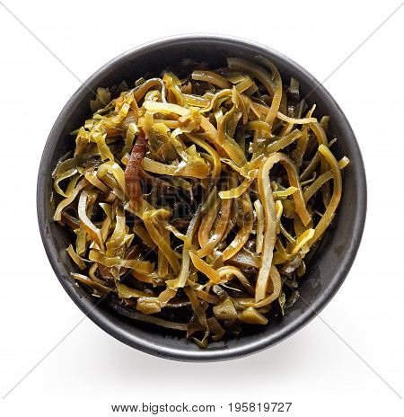 Bowl Of Laminaria Seaweed Isolated On White, From Above