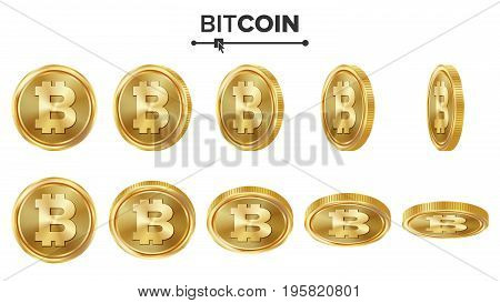 Bitcoin 3D Gold Coins Vector Set. Realistic. Flip Different Angles. Digital Currency Money. Investment Concept. Cryptography Finance Coin Icons, Sign. Fintech Blockchain. Currency Isolated