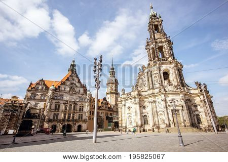 View on the Schlossplatz with church, castle and city gates in Dresden city, Germany